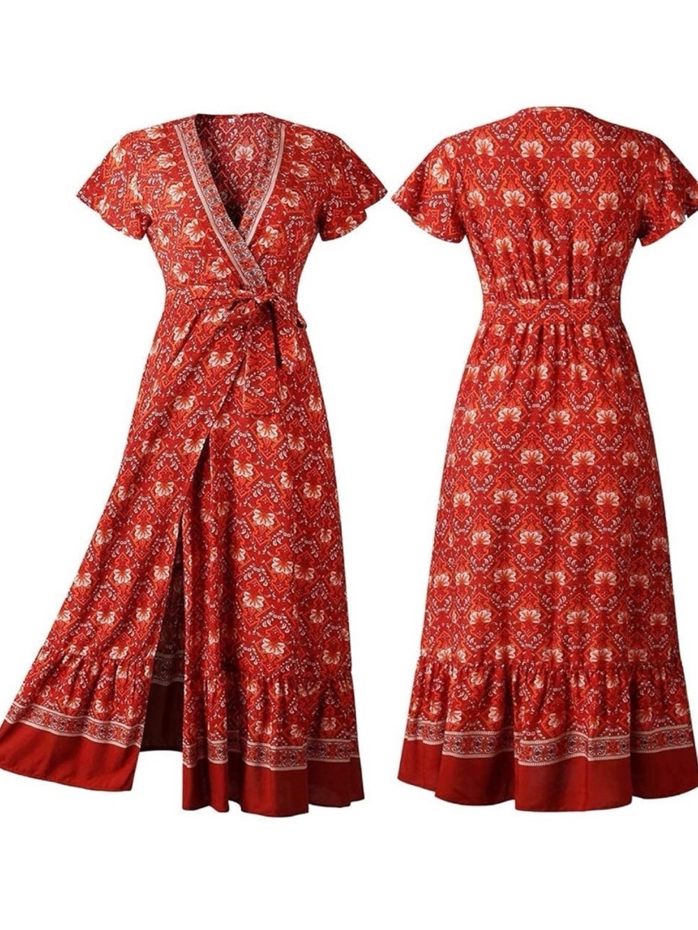 Boho Red Floral V-Neck Wrap Maxi Dress with Slit M - Picture 4 of 11